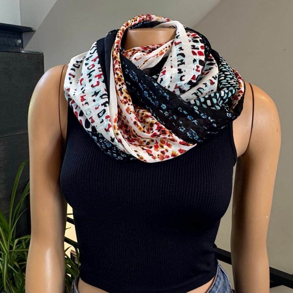 J. Jill Painted Patchwork Infinity Scarf Mixed Print Geometric Floral Cowl Wrap